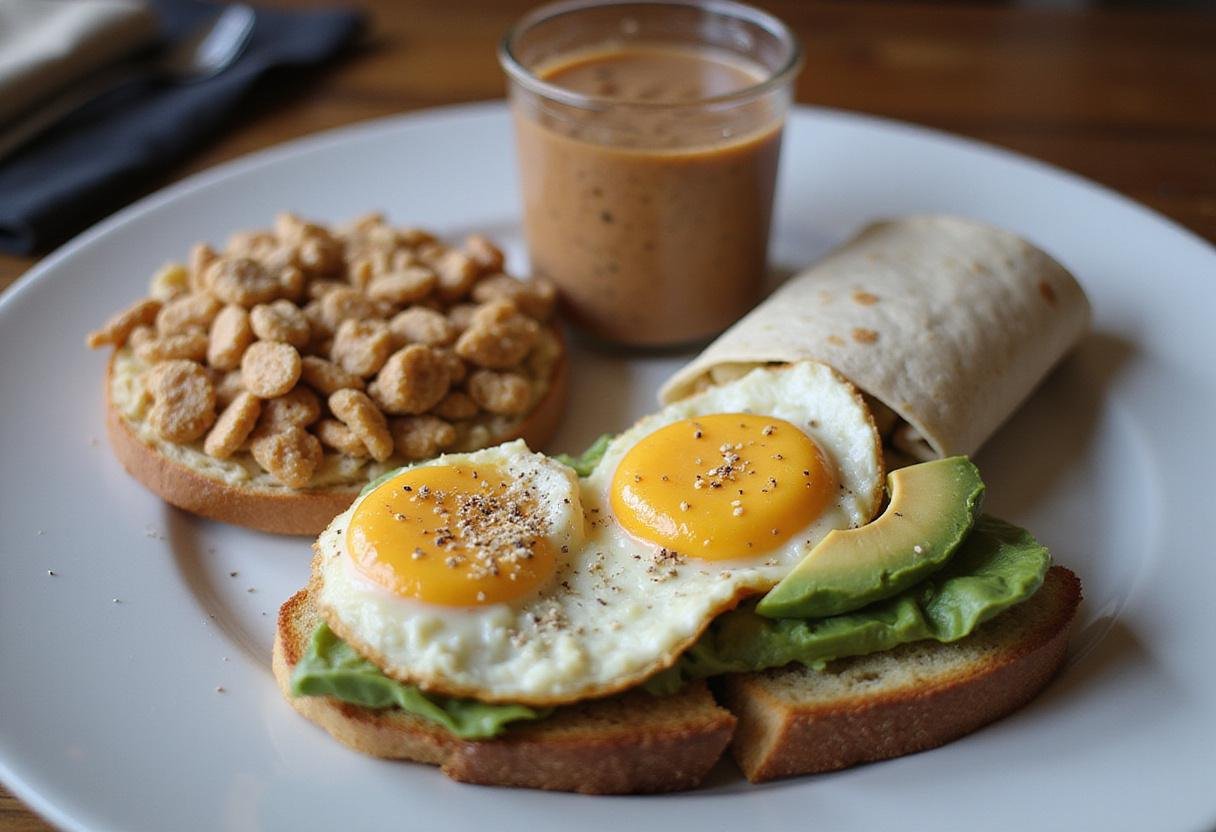 An array of high protein breakfast ideas including cereal, toast, oats, and burrito, perfect for a fulfilling morning.