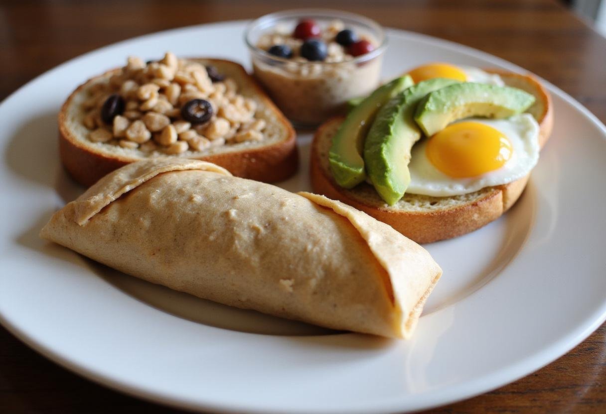 An array of high protein breakfast ideas including cereal, toast, oats, and burrito, perfect for a fulfilling morning.