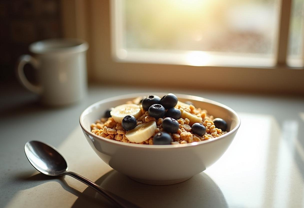 High protein cereal with blueberries and bananas, perfect for a nutritious breakfast.