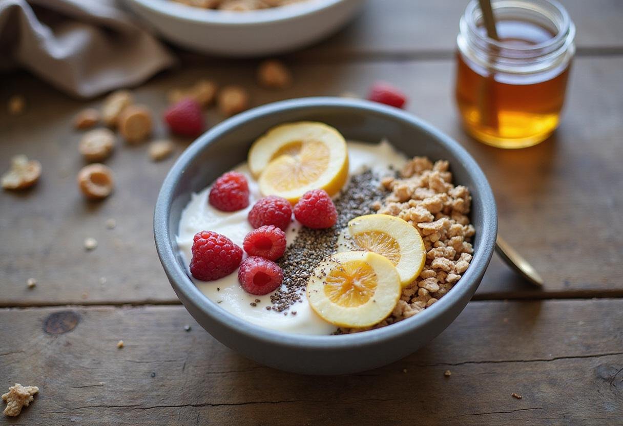High protein overnight oats with yogurt and fruit, a hearty breakfast for a healthy start.