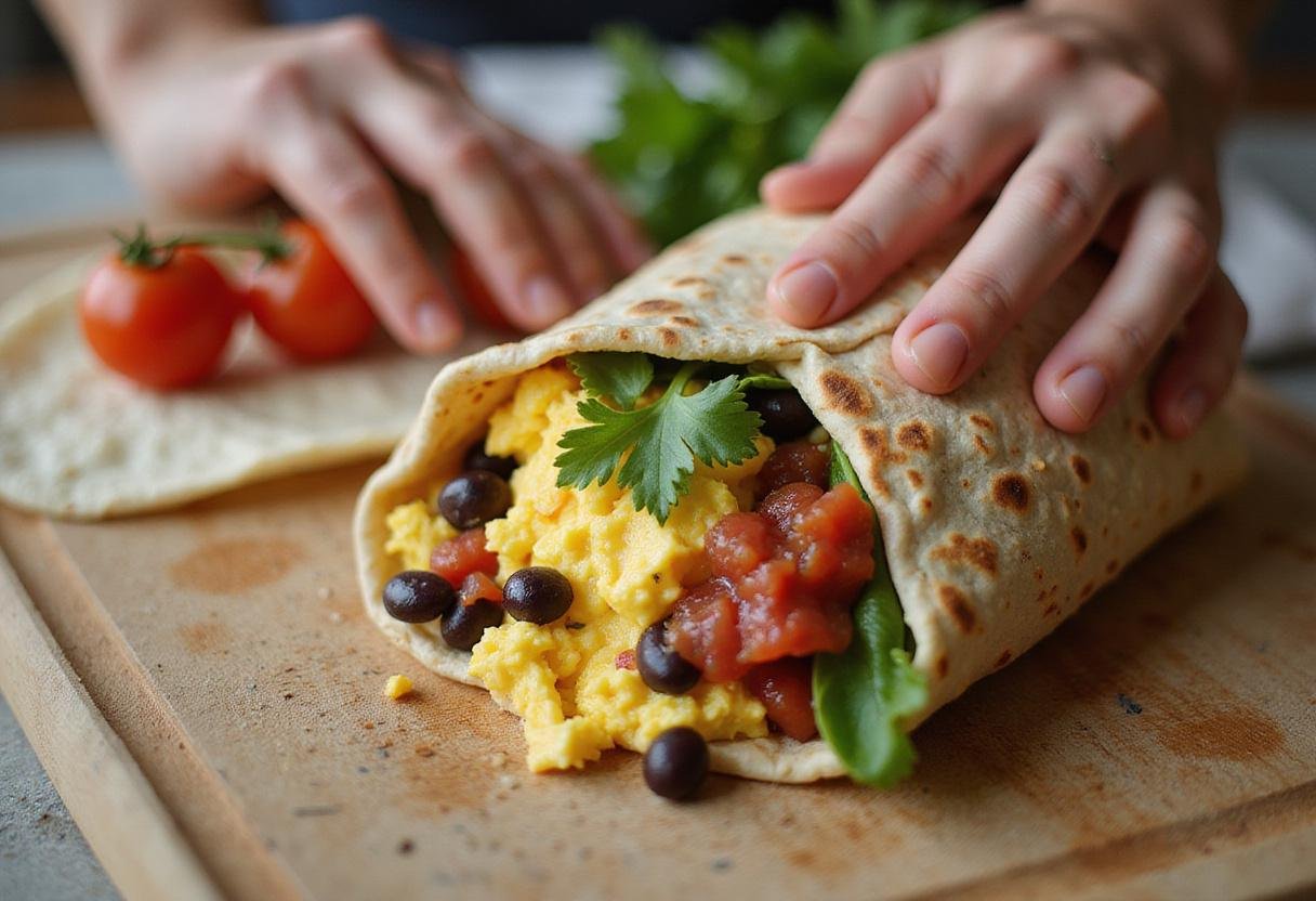 High protein breakfast burrito with eggs and beans, a delicious wrap for on-the-go mornings.