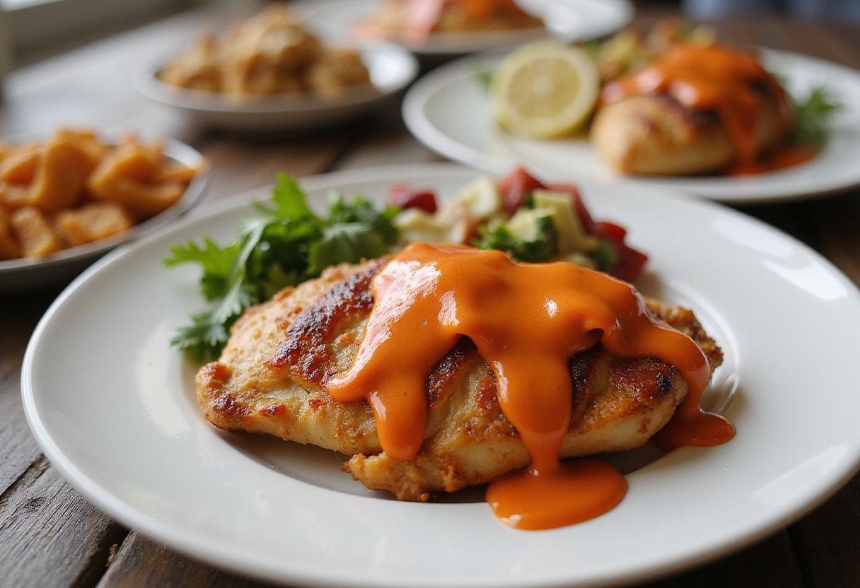 Stunning presentation of high protein buffalo chicken dish with grilled chicken and vibrant sides, perfect for meal inspiration.
