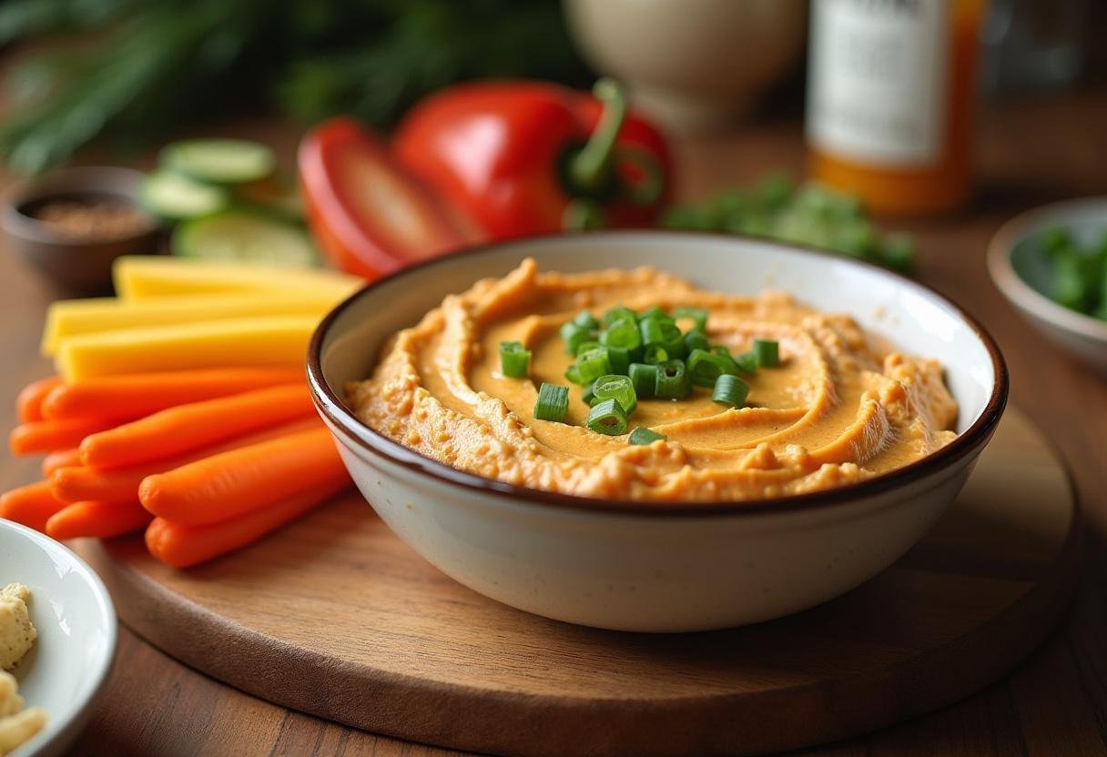 High protein buffalo chicken dip served with fresh veggies on a rustic wood board, perfect for healthy snacking.