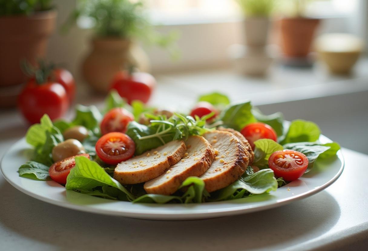 Delicious high protein chicken salad showcasing grilled chicken on a colorful bed of greens and tomatoes, ideal for nutritious meals.