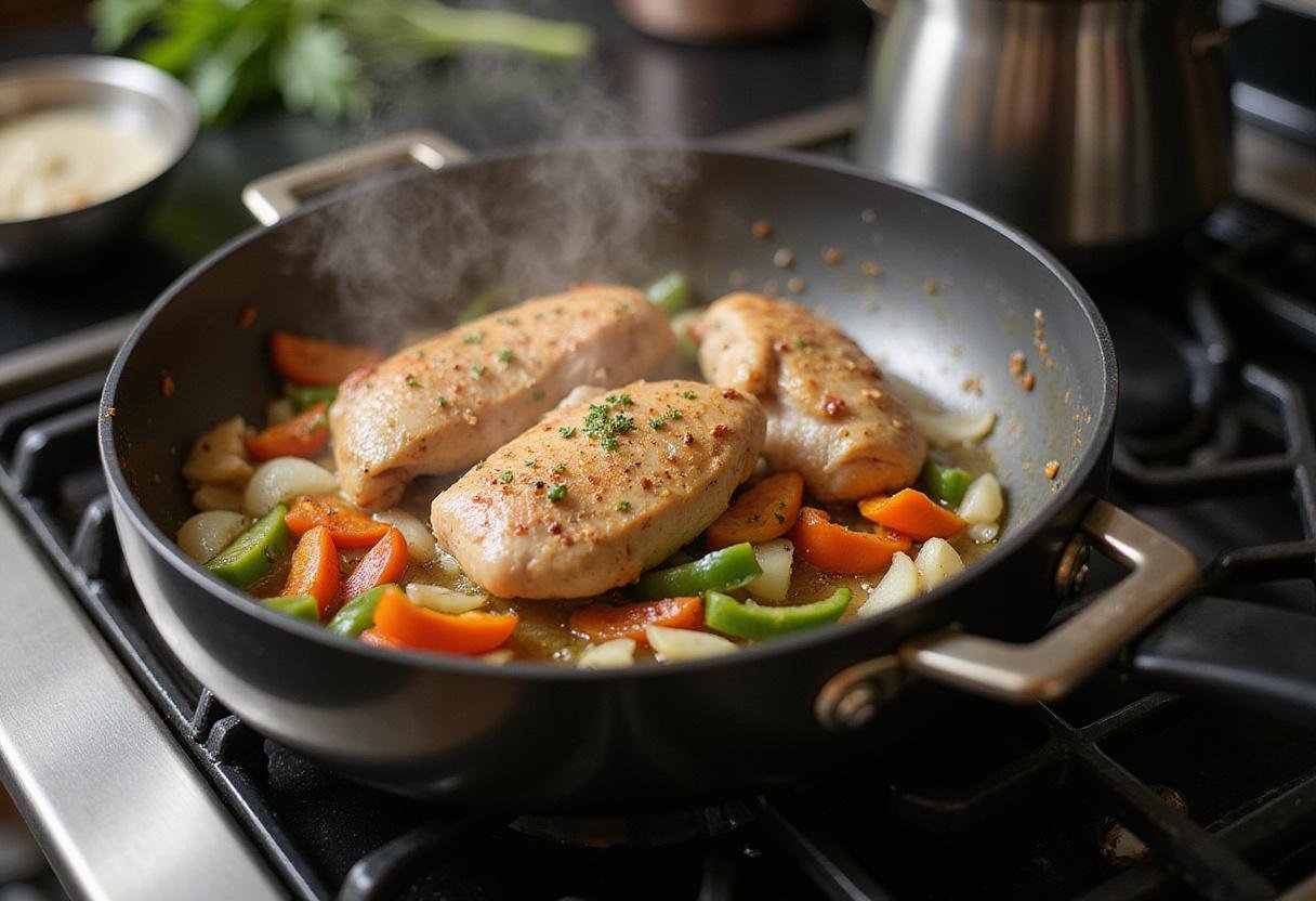 Cooking high protein chicken with fresh vegetables in a pot, embodying healthy meal preparation in a modern kitchen.