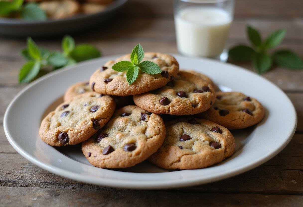 Delicious high protein chocolate chip cookies served on a plate, perfect for a healthy snack.