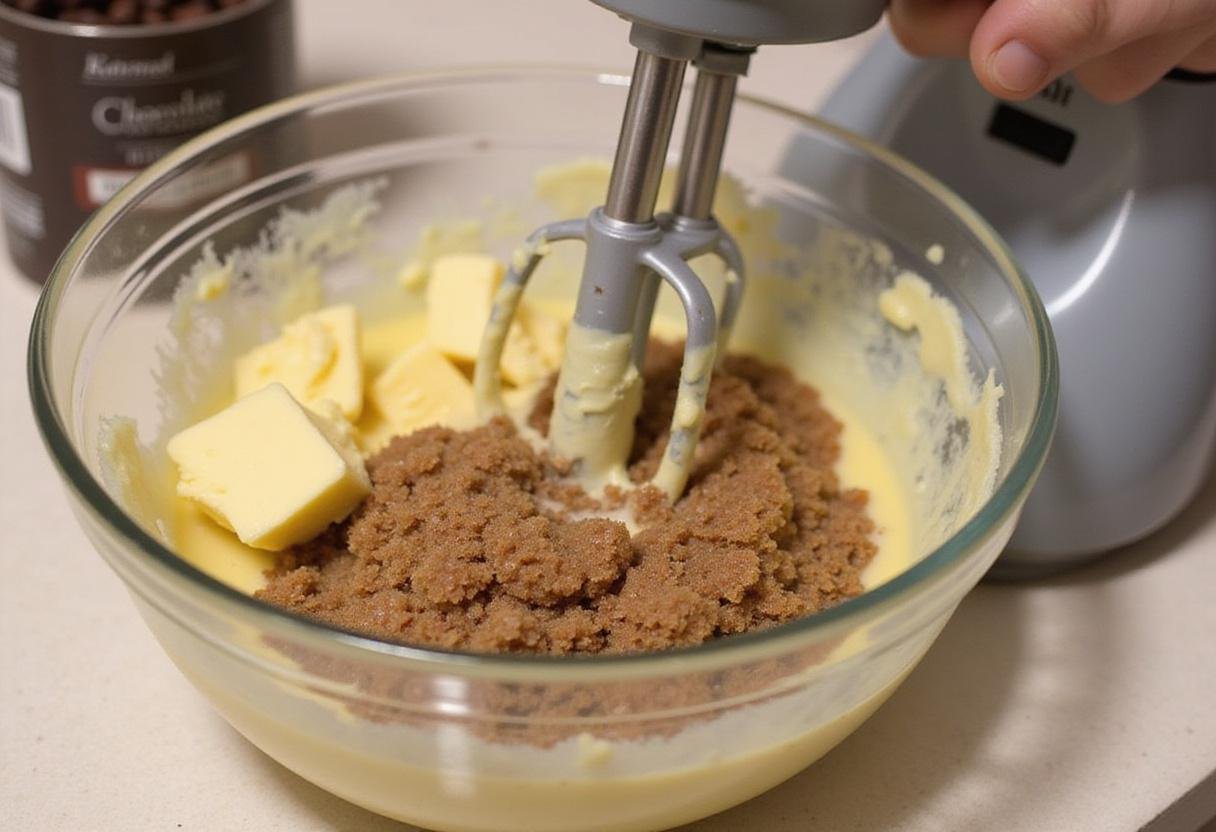 Creaming butter and brown sugar for chocolate chip protein cookies in a mixing bowl.
