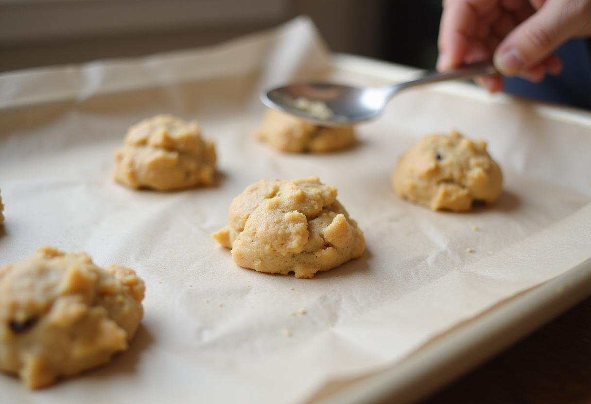 Placing cookie dough portions on a baking sheet for high protein chocolate chip cookies ready for baking.