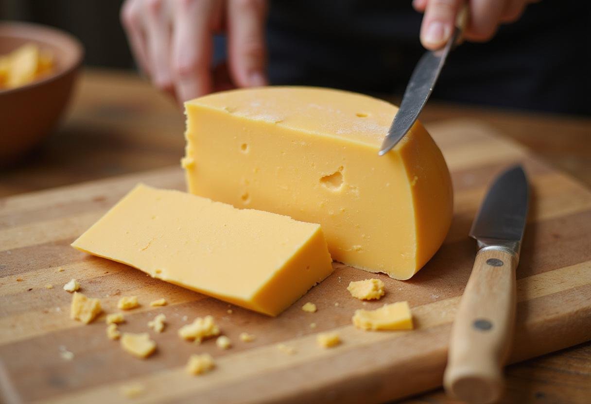 Slicing high protein cheese on a chopping block, perfect for healthy recipes packed with protein benefits.