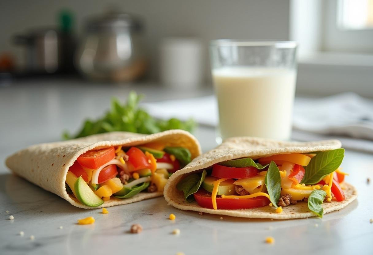 Assembling high protein tortillas with fresh ingredients, showcasing an easy healthy meal option rich in protein.