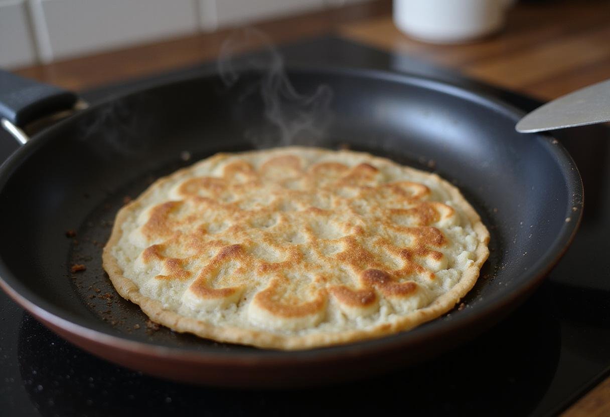 Cooking high protein tortillas in a skillet, capturing the delicious preparation of a protein-packed meal.