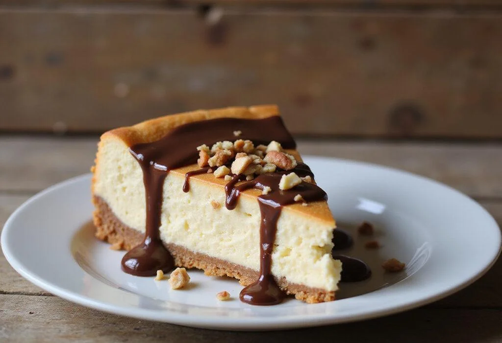 Final display of a high protein cheesecake slice, showcasing its rich texture and delicious toppings in a delightful setting.