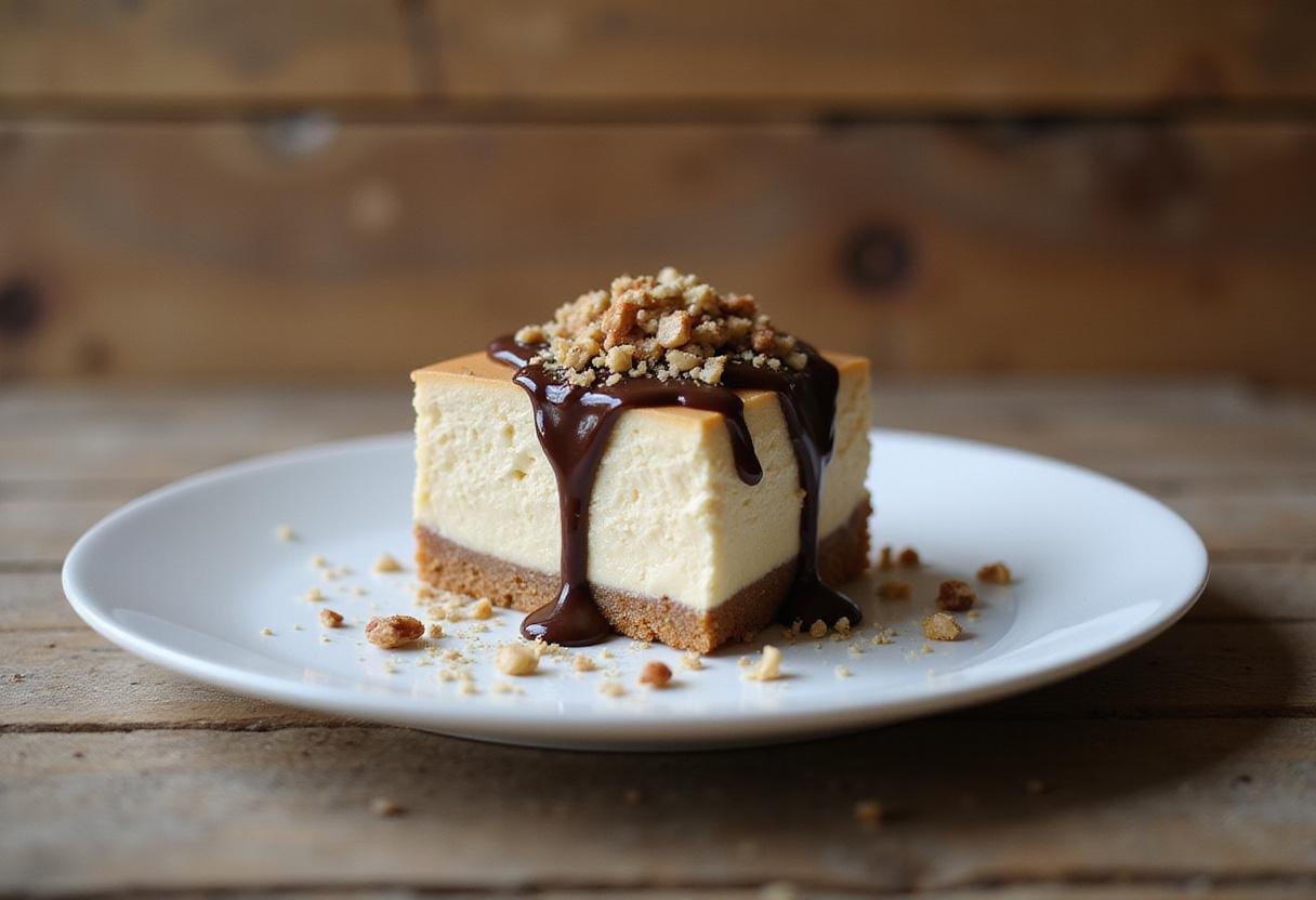 Final display of a high protein cheesecake slice, showcasing its rich texture and delicious toppings in a delightful setting.