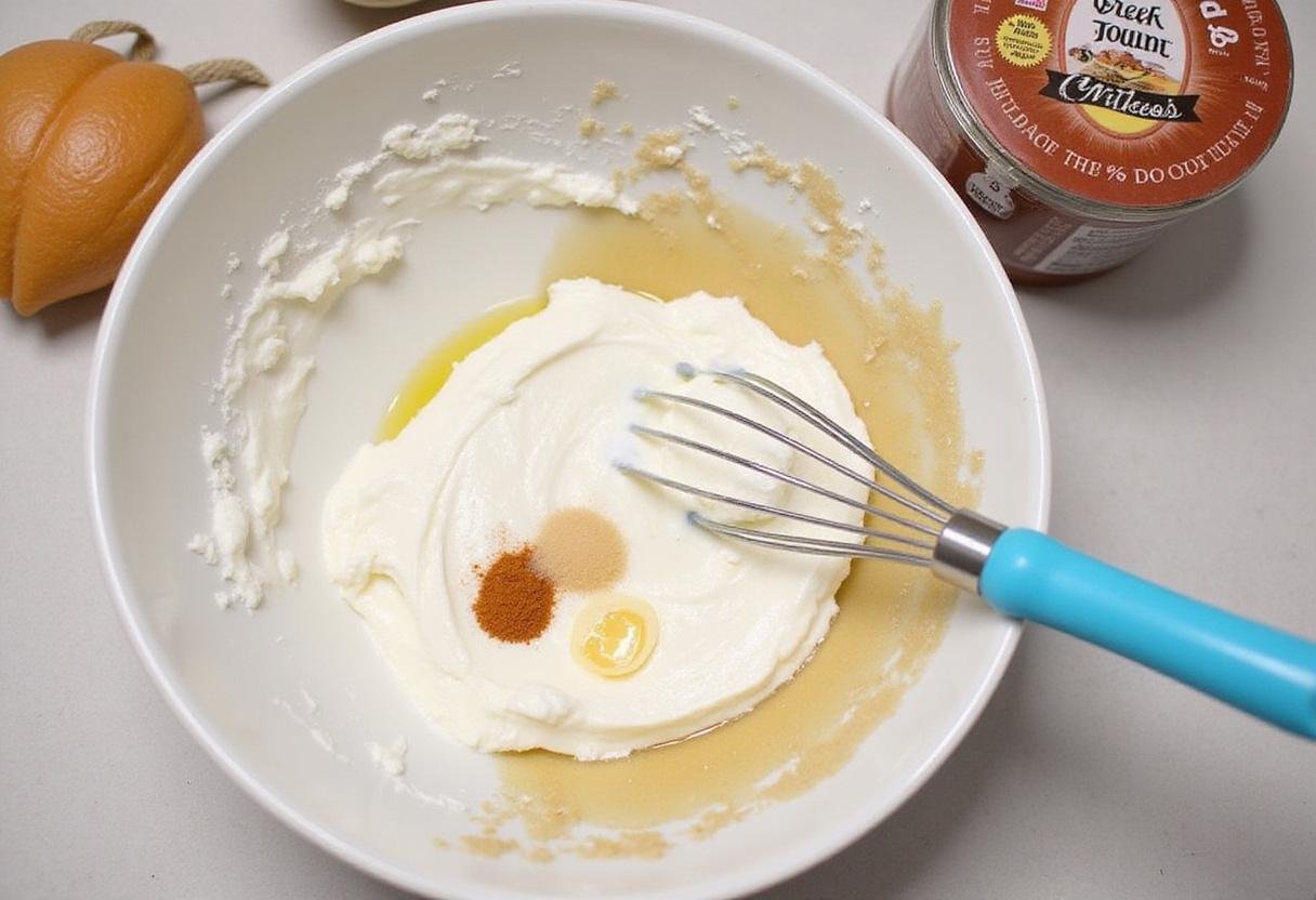 High protein cheesecake preparation with cream cheese and Greek yogurt for a delicious dessert.