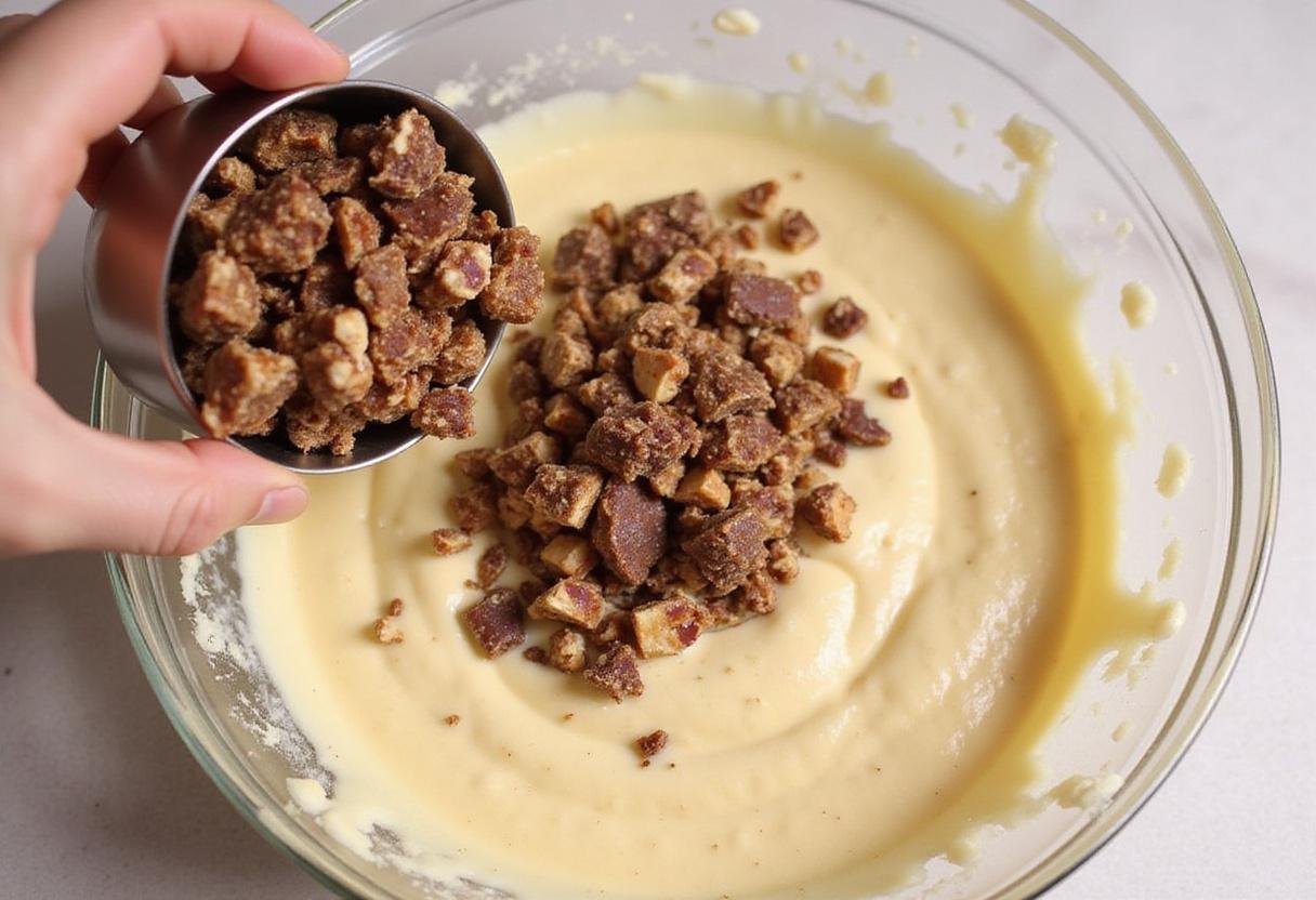 Preparing high protein cheesecake with crushed protein bars and nuts for extra flavor and nutrients.