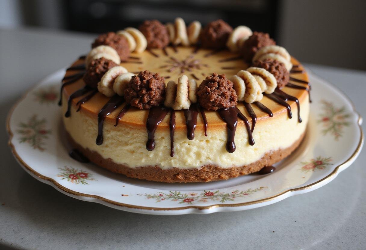 Chilling high protein cheesecake in the fridge, topped with chocolate and nuts for a flavorful dessert.