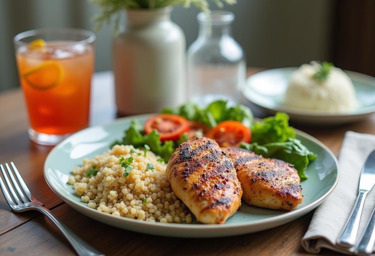 Final presentation of high protein fast food meal, showcasing an appetizing plate of grilled chicken, quinoa, and vegetables for a healthy dining experience.