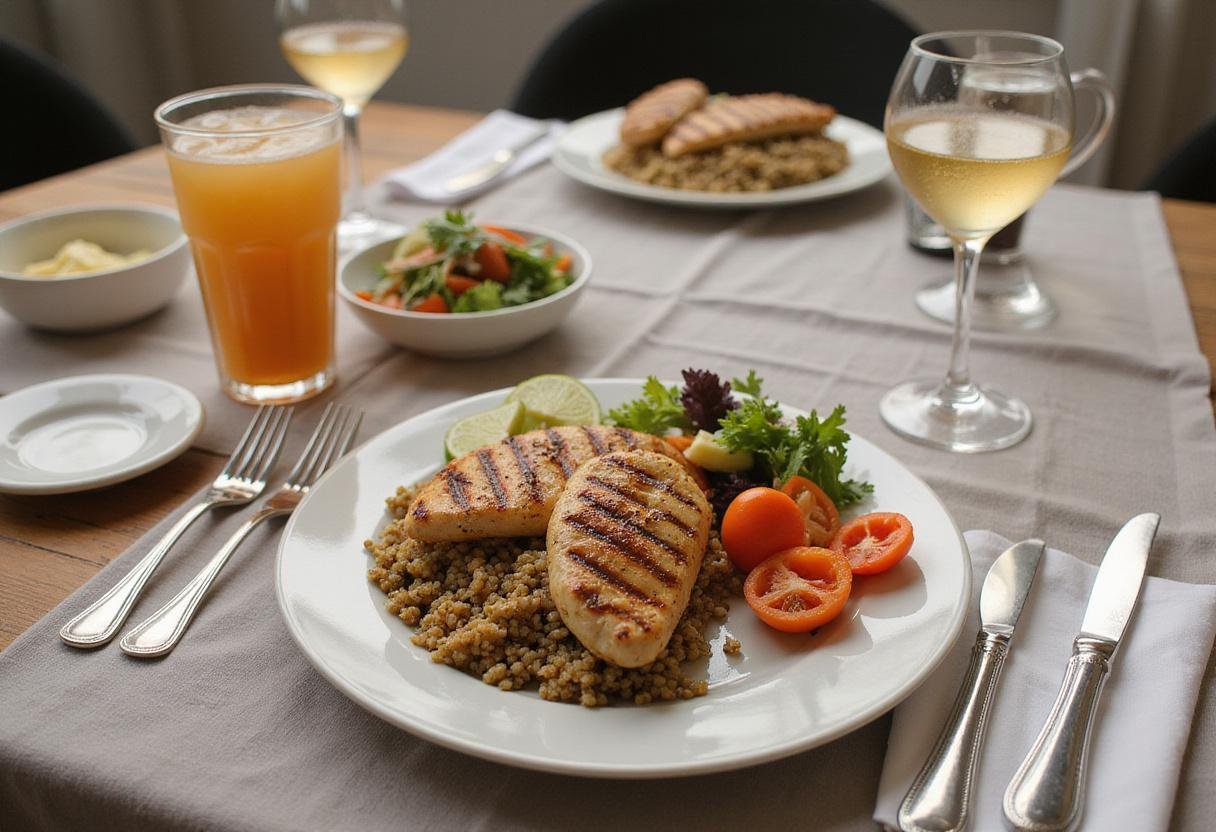 Final presentation of high protein fast food meal, showcasing an appetizing plate of grilled chicken, quinoa, and vegetables for a healthy dining experience.