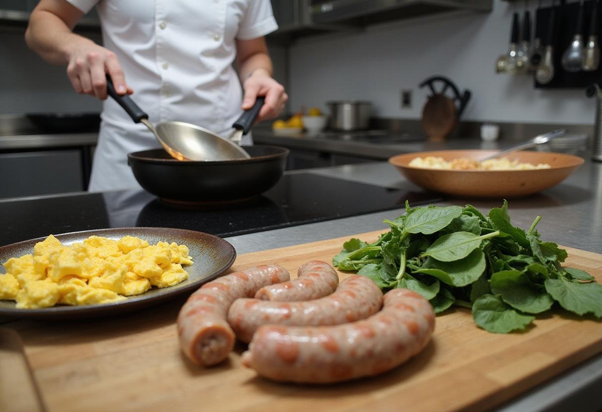 Preparing high protein fast food breakfast with ingredients like turkey sausage and spinach in a modern kitchen.