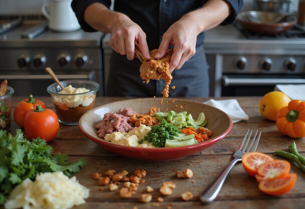 Mixing ingredients for high protein puppy food in a cheerful kitchen, highlighting preparation for nutritious meals.