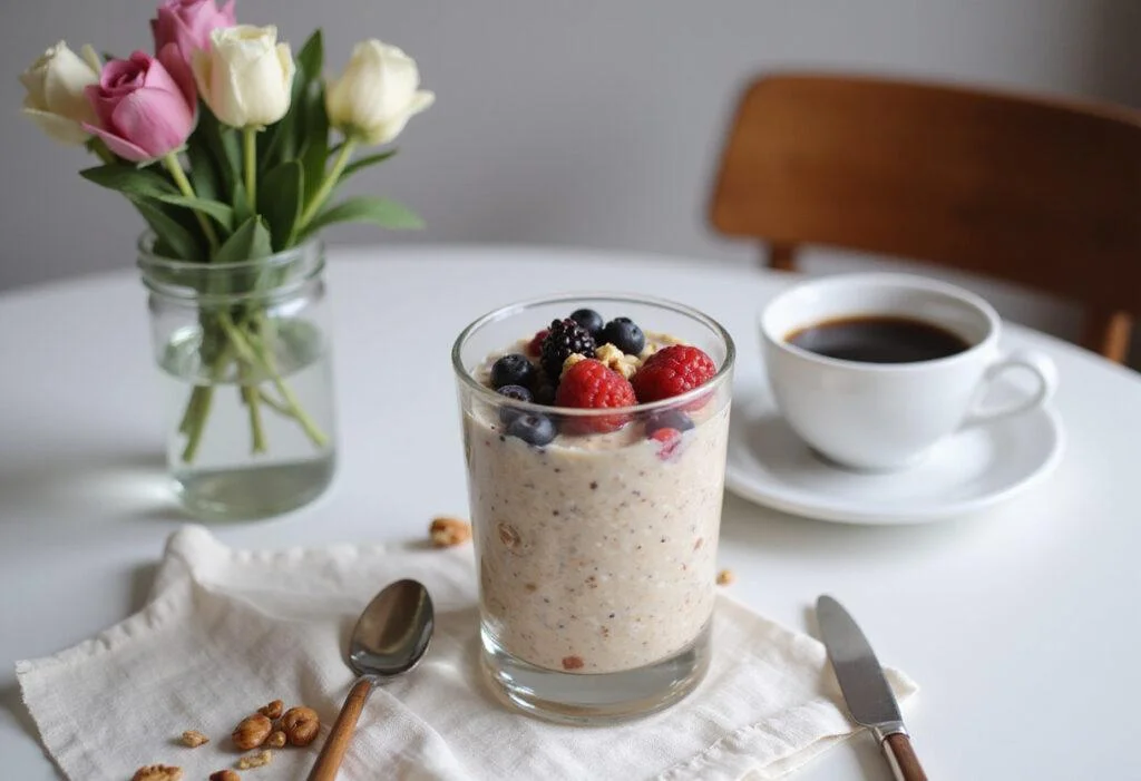 Delicious high-protein overnight oats served in a glass, decorated with berries and nuts on a stylish breakfast table for a nutritious start to the day.