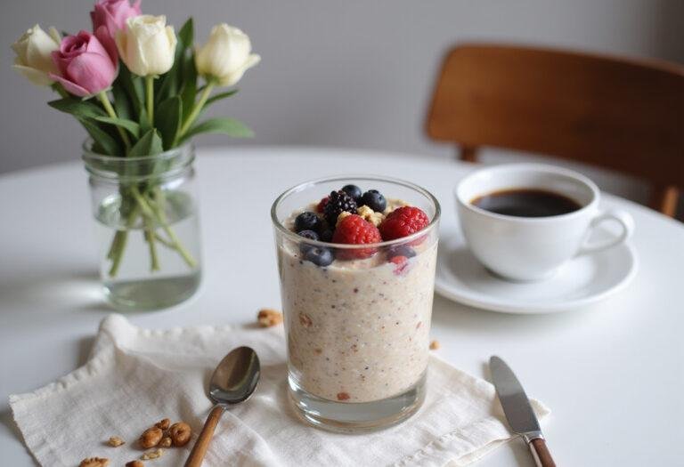 Delicious high-protein overnight oats served in a glass, decorated with berries and nuts on a stylish breakfast table for a nutritious start to the day.