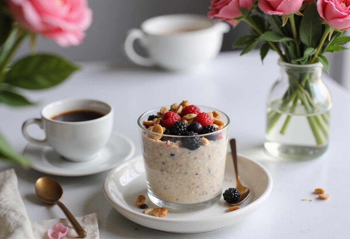 Delicious high-protein overnight oats served in a glass, decorated with berries and nuts on a stylish breakfast table for a nutritious start to the day.