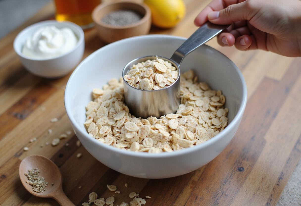 High-protein overnight oats ingredients arranged on a wooden countertop, showcasing rolled oats, chia seeds and yogurt for a protein-packed breakfast.