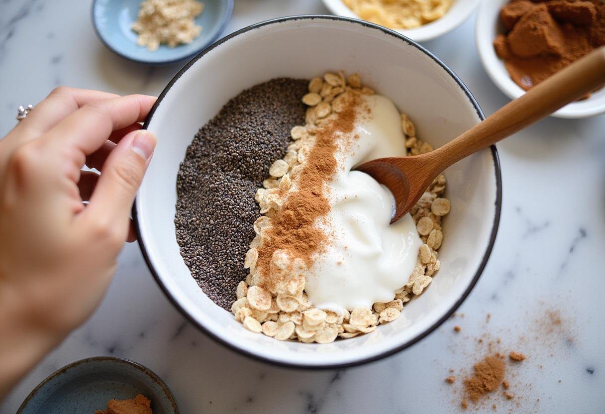 Mixing oats and chia seeds in a bowl to create high-protein overnight oats, highlighting a healthy breakfast preparation.