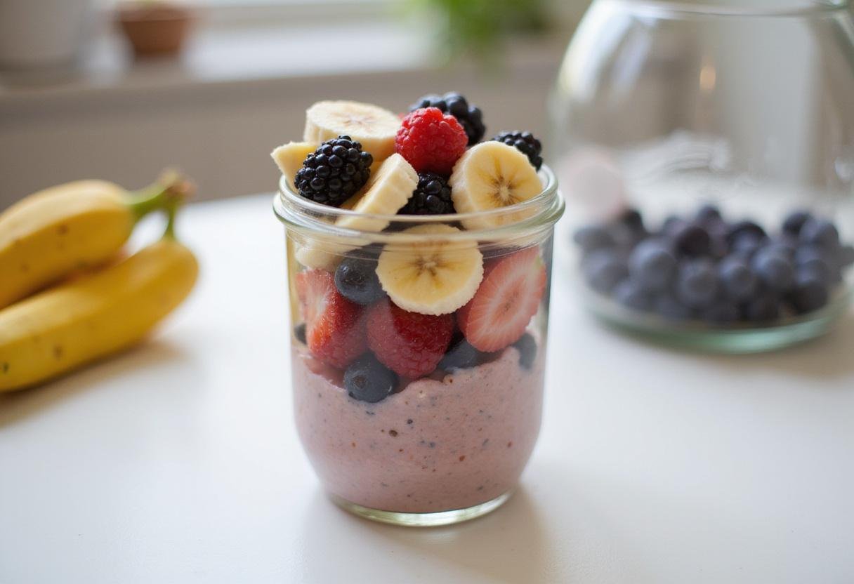 Layering fresh fruits on high-protein overnight oats, emphasizing a nutritious and colorful breakfast option.
