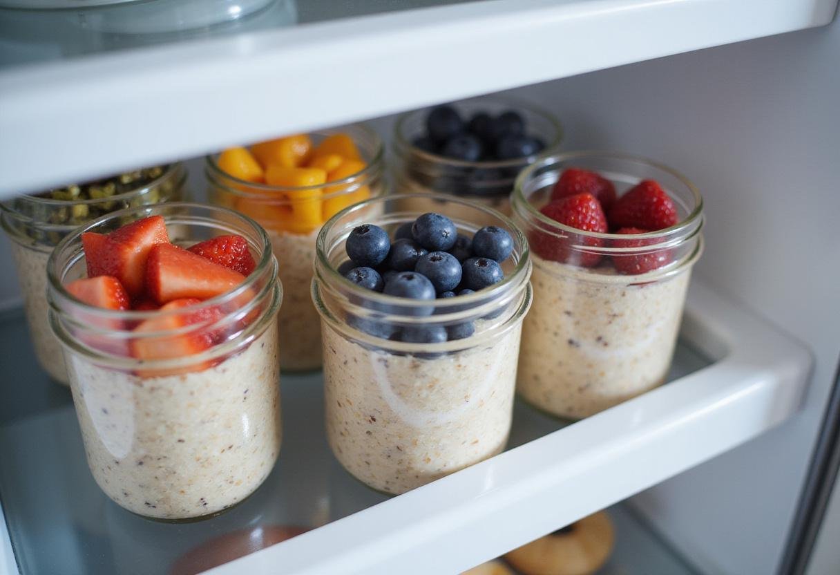 Prepared high-protein overnight oats jars in the refrigerator, showcasing a variety of flavors and healthy toppings, ideal for meal prep.