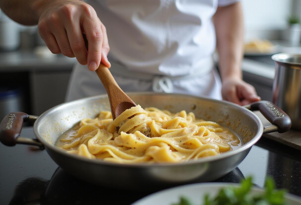 Stirring high protein pasta in boiling water, making high protein pasta salad or mac and cheese.