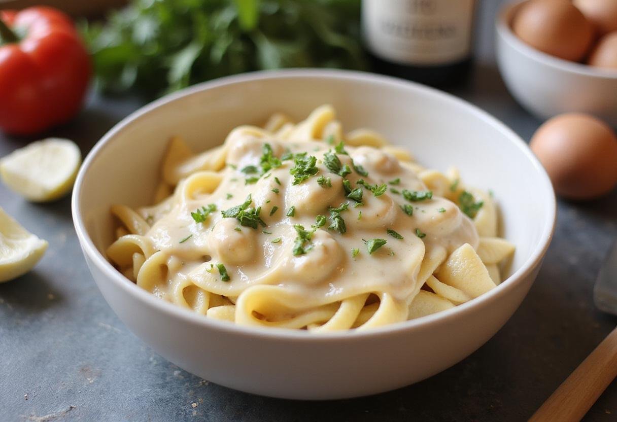 Preparing high protein alfredo sauce for high protein mac and cheese, showcasing a made-from-scratch creamy sauce.