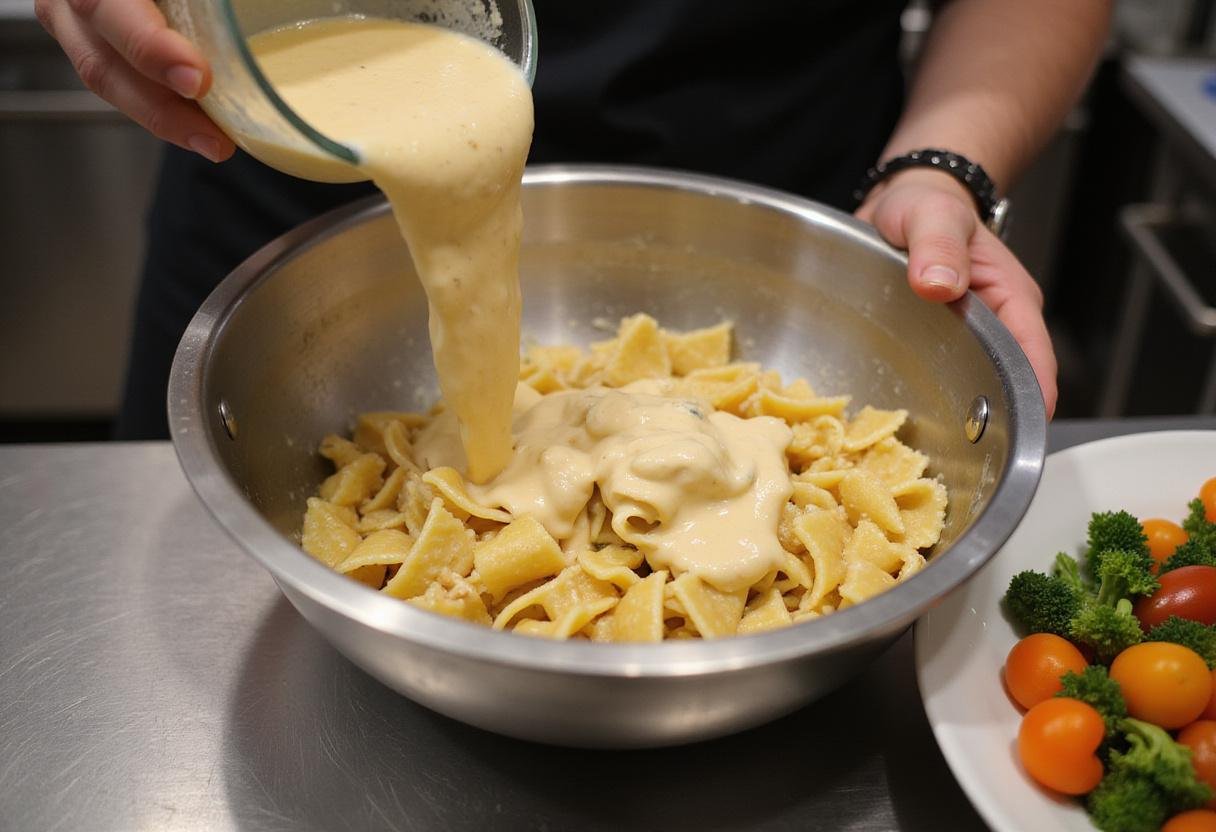 Mixing high protein pasta with creamy alfredo sauce for a delicious high protein mac and cheese dish.