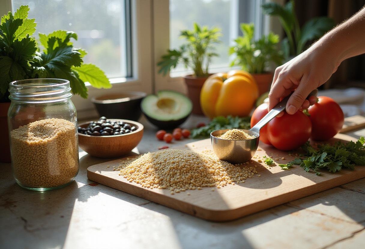 Vibrant ingredients for high protein vegan meals, showcasing healthy quinoa and vegetables for nutritious vegan recipes high protein.