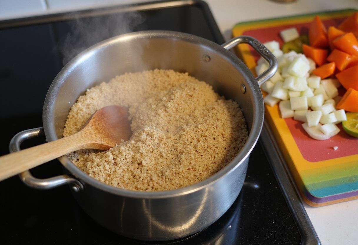 Cooking quinoa for vegan high protein meals, capturing the essence of healthy vegan recipes high protein with boiling water and colorful vegetables.