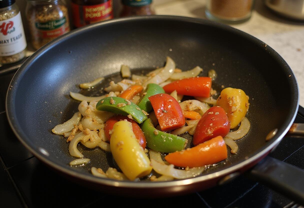 Sautéing vegetables for high protein vegan meals, illustrating the preparation of delicious vegan recipes high protein infused with spices.