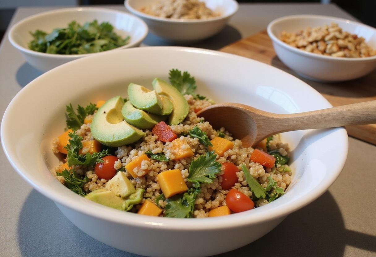 Combining high protein ingredients in a bowl for healthy vegan recipes high protein, symbolizing the final stages of vegan meal preparation.