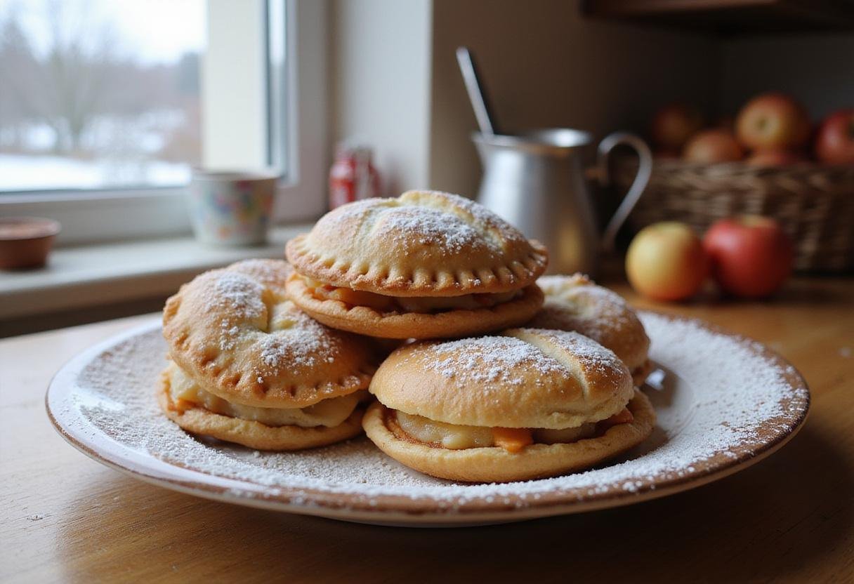 Deliciously baked Hogsmeade Apple Hand Pies on a plate, showcasing their golden brown color and appealing appearance in a cozy kitchen.
