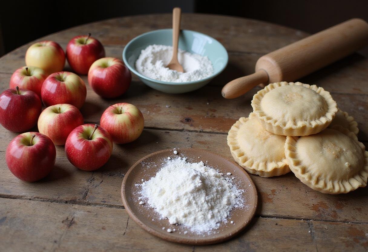 Fresh ingredients for Hogsmeade Apple Hand Pies, featuring bright red apples, flour, and sugar on a rustic wooden table.