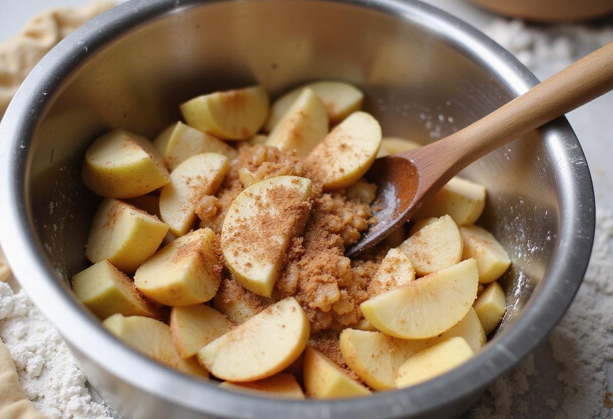 A mixing bowl with sliced apples, sugar, and cinnamon for Hogsmeade Apple Hand Pies, highlighting the preparation of the filling.