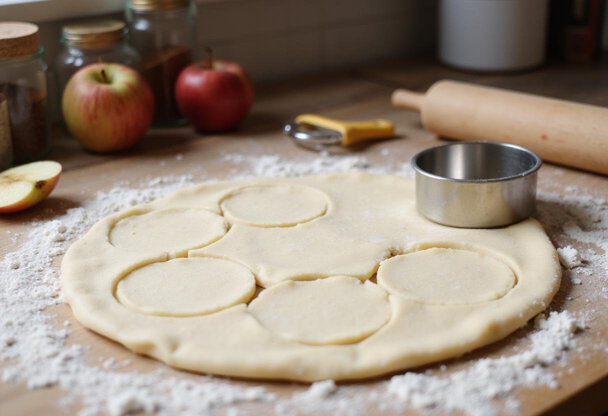 Rolling out pie crust dough for Hogsmeade Apple Hand Pies on a floured countertop, capturing the essence of a cozy kitchen preparation.