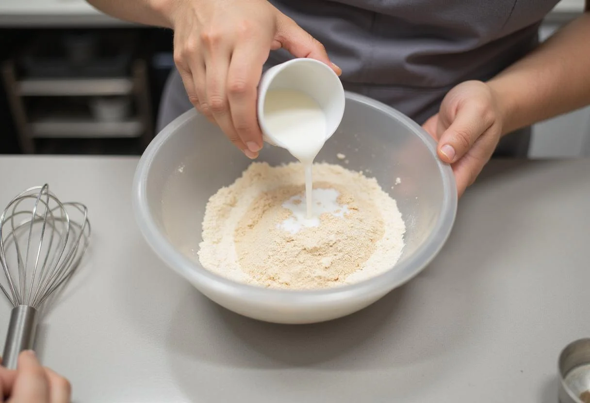 Preparation of Hogsmeade Sugared Snowflakes with flour, sugar, and milk in a mixing bowl.