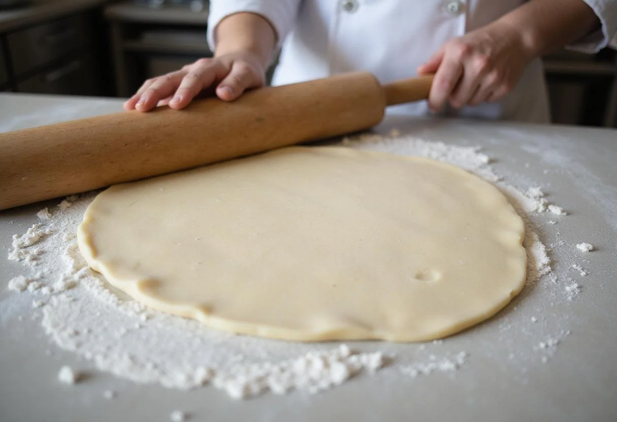 Rolling out dough for Hogsmeade Sugared Snowflakes on a floured countertop, showcasing the preparation process.