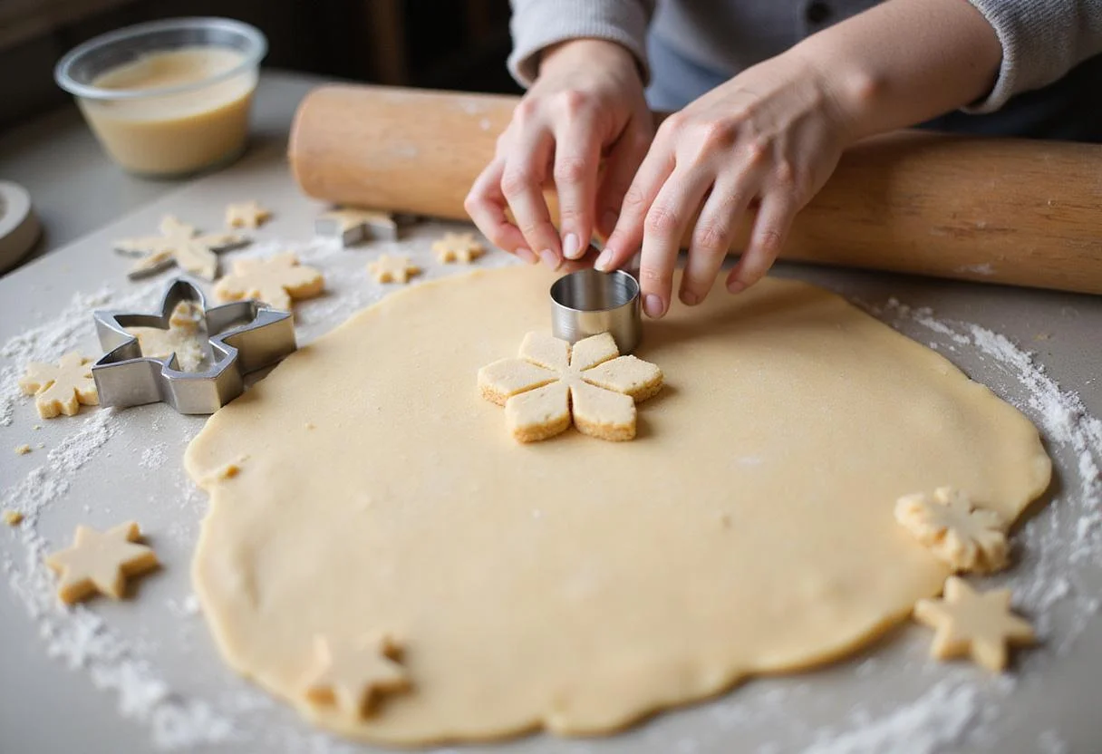 Cutting festive shapes for Hogsmeade Sugared Snowflakes using snowflake-shaped cookie cutters, illustrating the fun process.