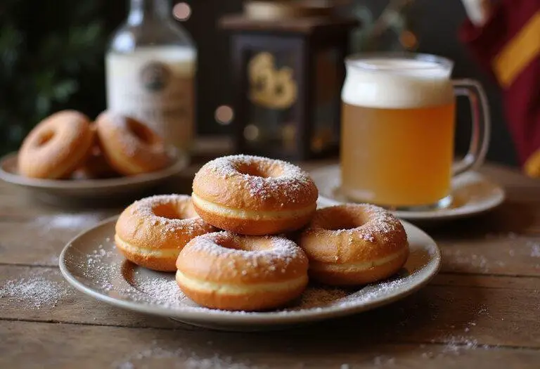 Gorgeous display of Hogwarts Hearth Baked Butterbeer Donuts served with butterbeer, perfect for a magical feast.