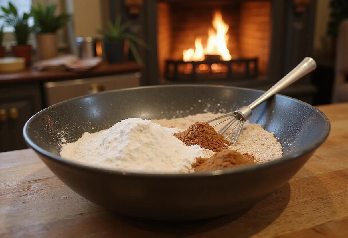 Hogwarts Hearth Baked Butterbeer Donuts ingredients including flour, sugar, and baking powder, set in a whimsical kitchen.