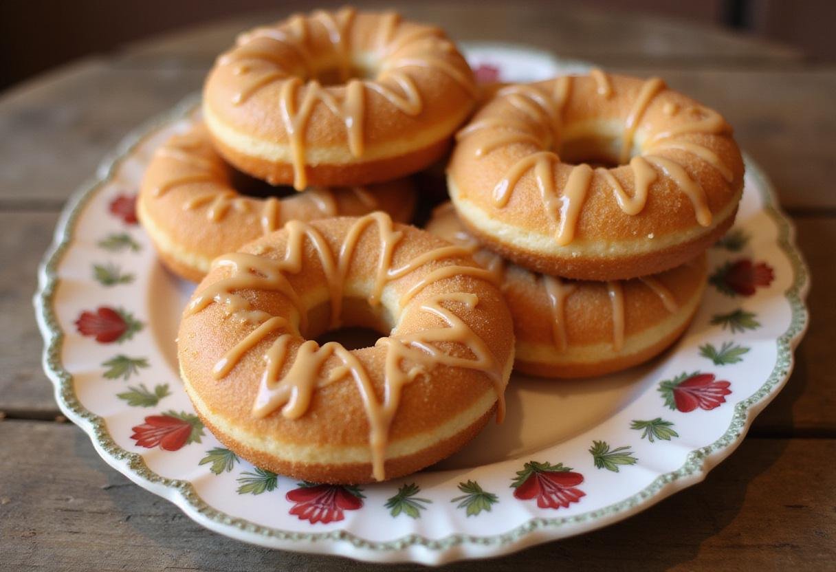 Freshly baked Hogwarts Hearth Baked Butterbeer Donuts glazed and topped, ready to be enjoyed in a cozy setting.