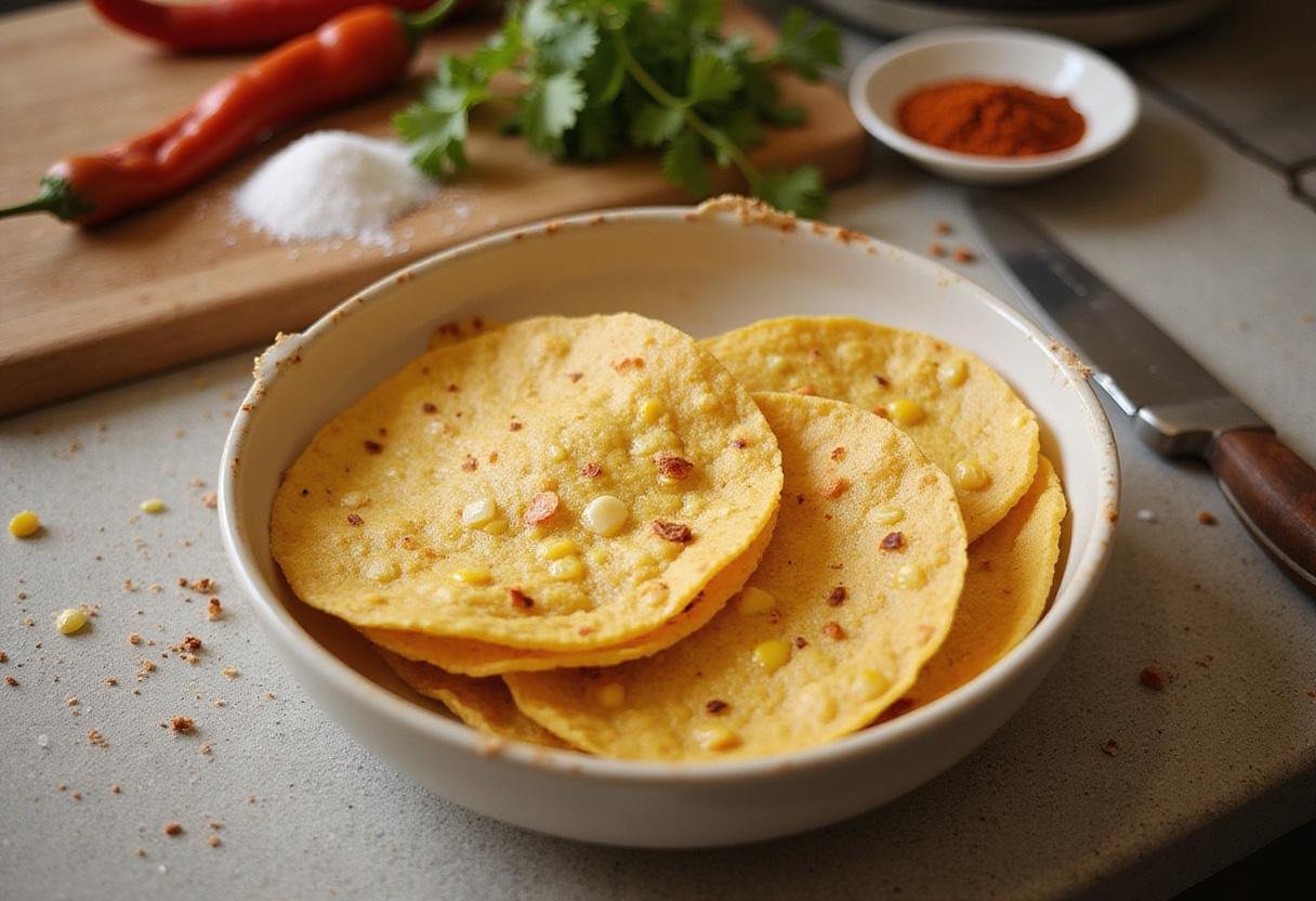 how to make tortilla chips in air fryer, preparing corn tortilla chips with fresh ingredients, kitchen scene with tortillas and seasoning