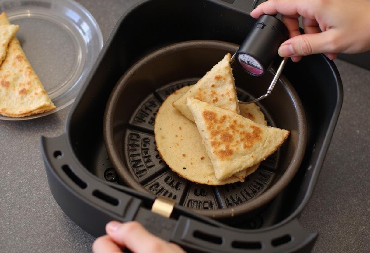 air fryer pasta chips making process, loading triangular tortilla chips into air fryer, healthy cooking technique revealed